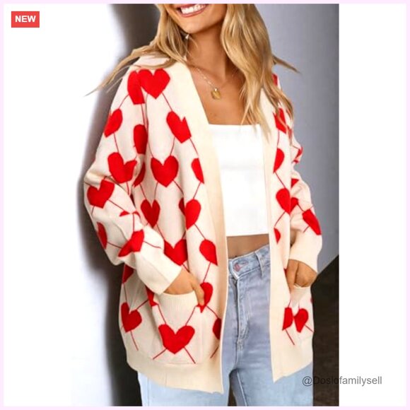 Heart Print Cardigan Open Front Knit Sweater Oversized Chic Valentine Love - Picture 3 of 7